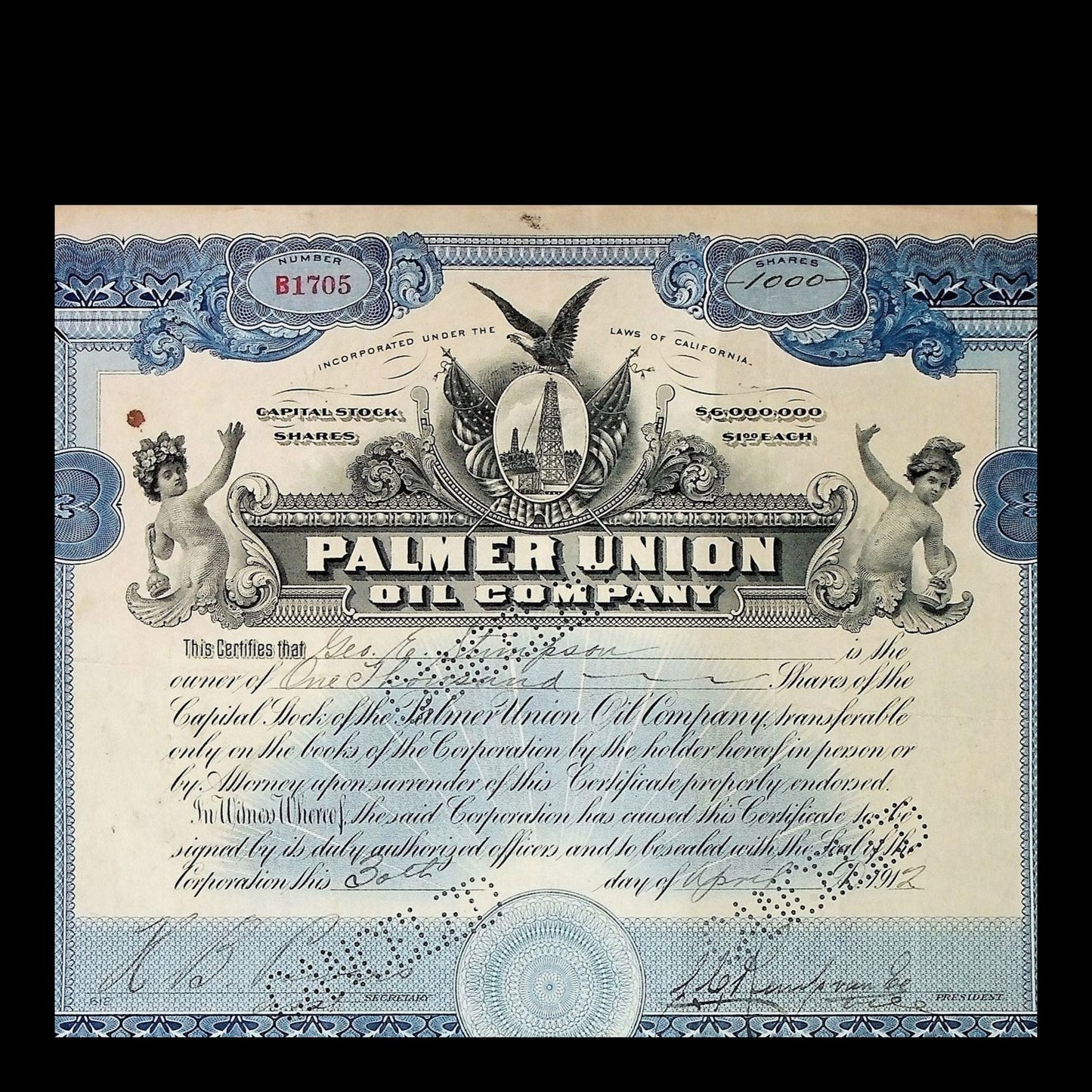 Palmer Union Oil Company Stock Certificate from 1912 now CocaCola