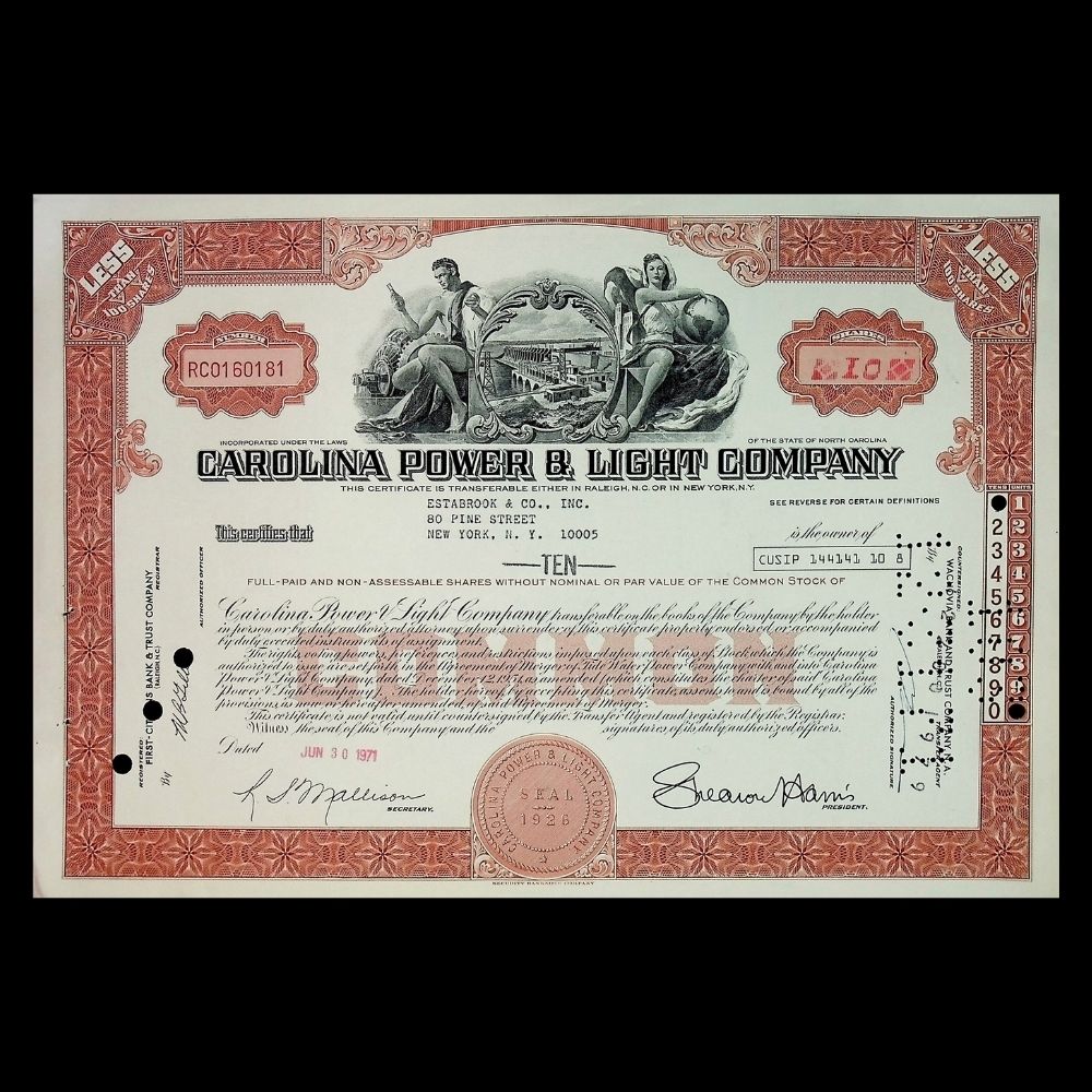 Carolina Power & Light Company (Duke Energy) Stock Certificate from 1970s