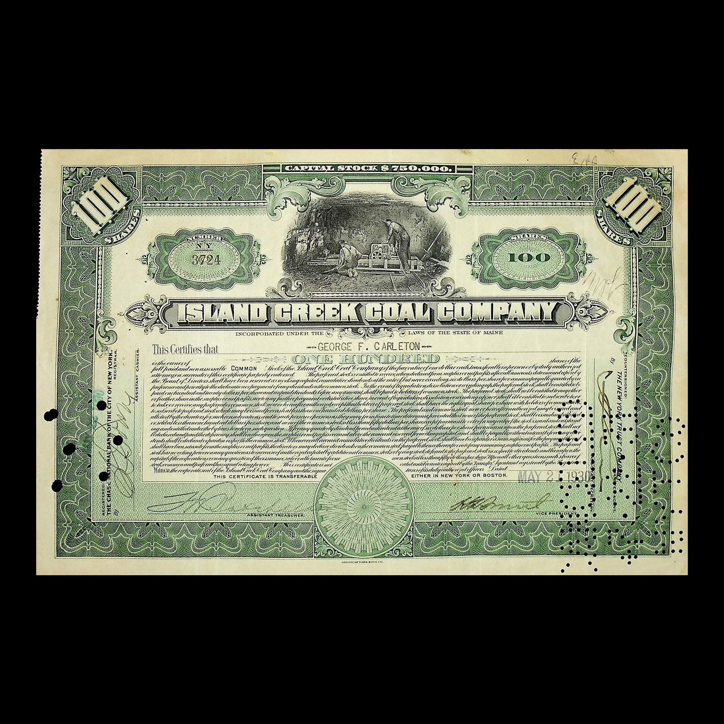 Island Creek Coal Company Stock Certificate from 1931