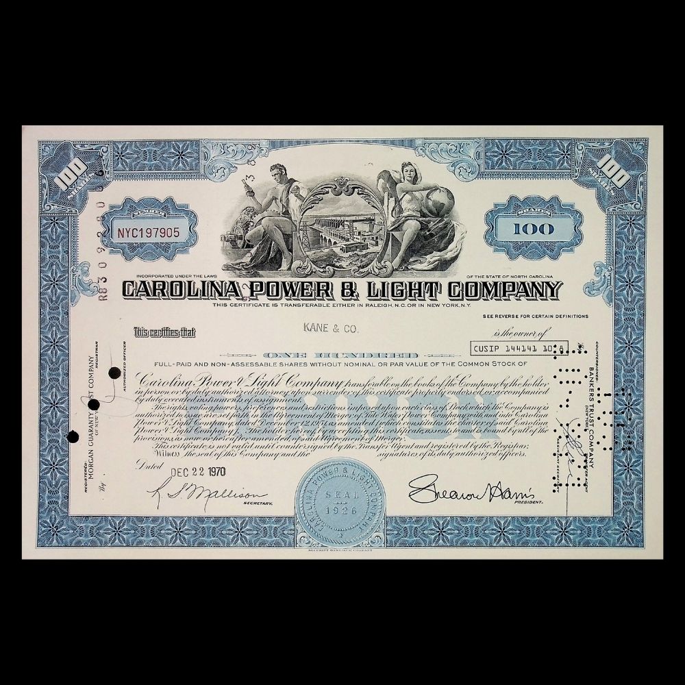Carolina Power & Light Company (Duke Energy) Stock Certificate from 1970s