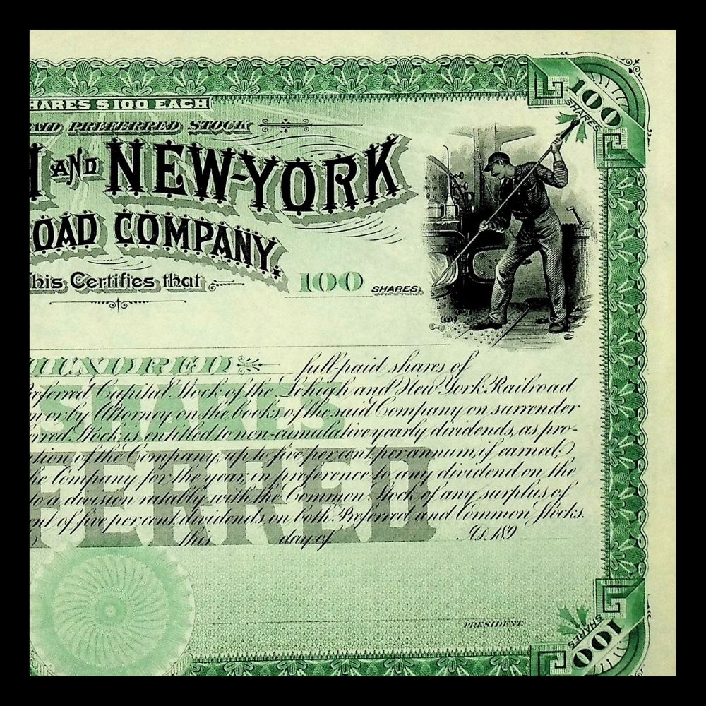 Lehigh and New York Railroad Company Unissued Stock Certificate 1890s