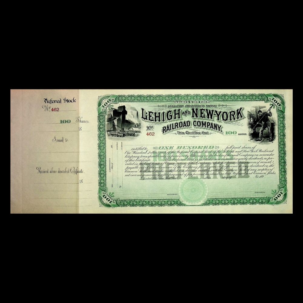 Lehigh and New York Railroad Company Unissued Stock Certificate 1890s