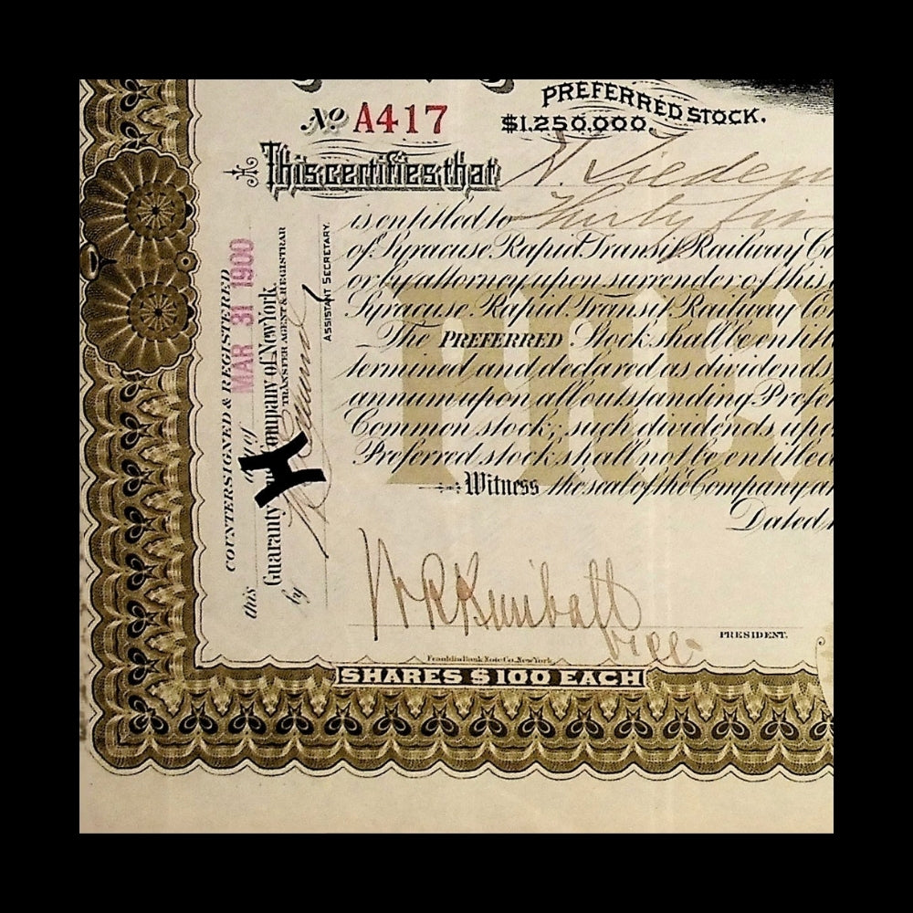 Syracuse Rapid Transit Railway Company Stock Certificate from 1900s