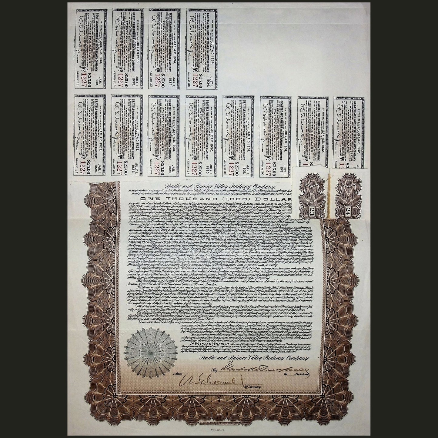 1916 年西雅图和雷尼尔河谷铁路公司债券证书