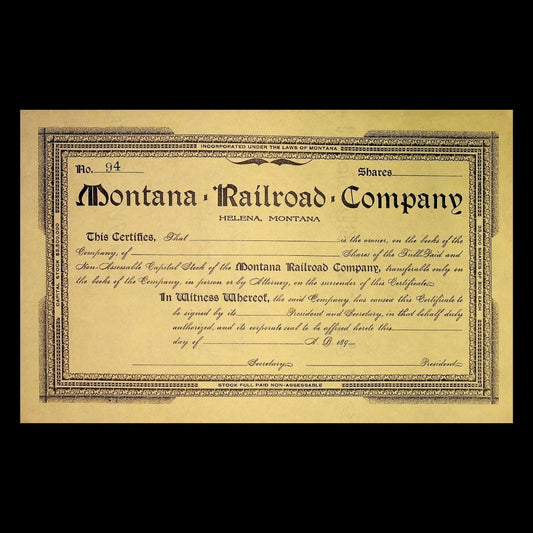 Montana Railroad Stock Certificate (Unissued) from 1890s