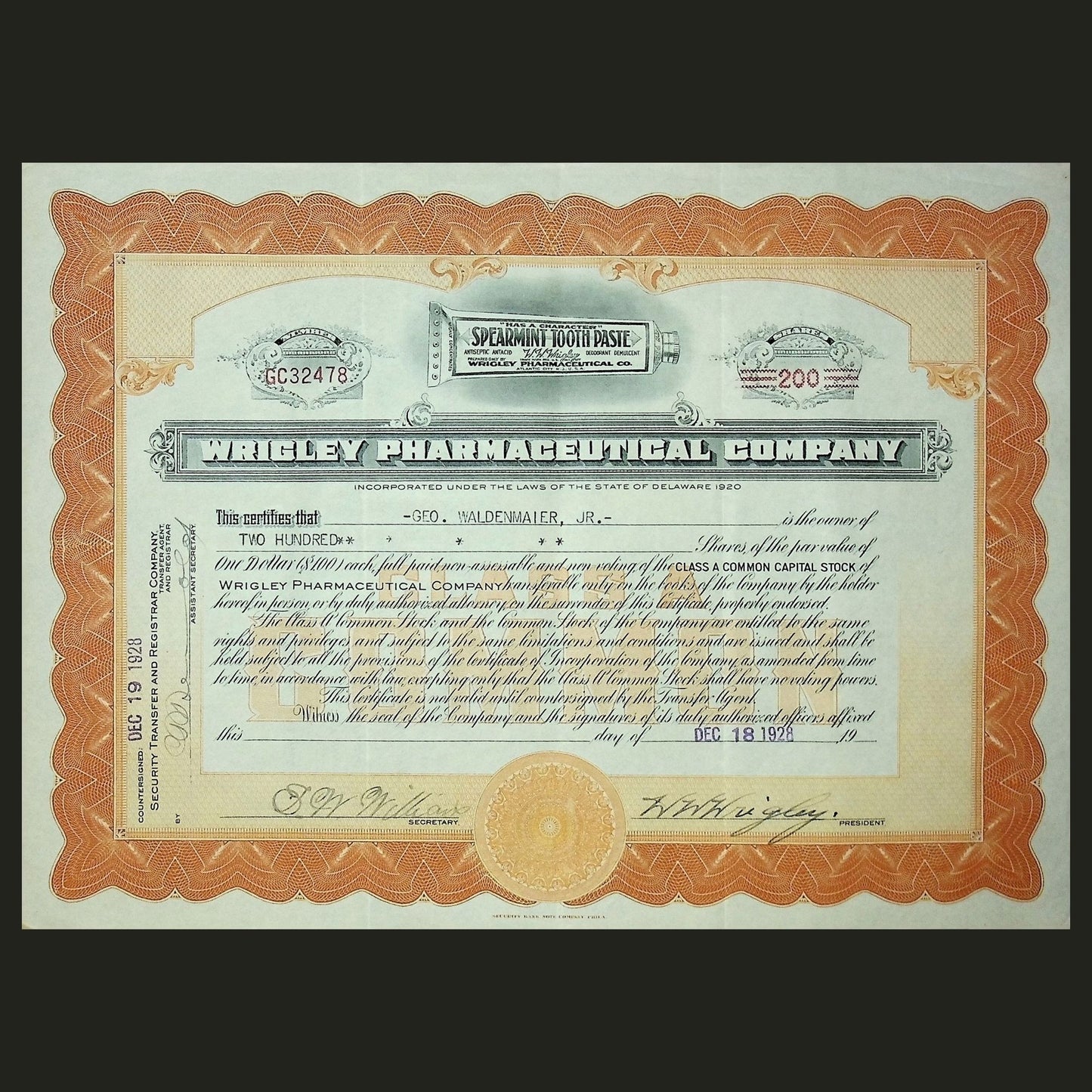 1928 年箭牌制药公司股票证书(由 WW Wrigley 签署)