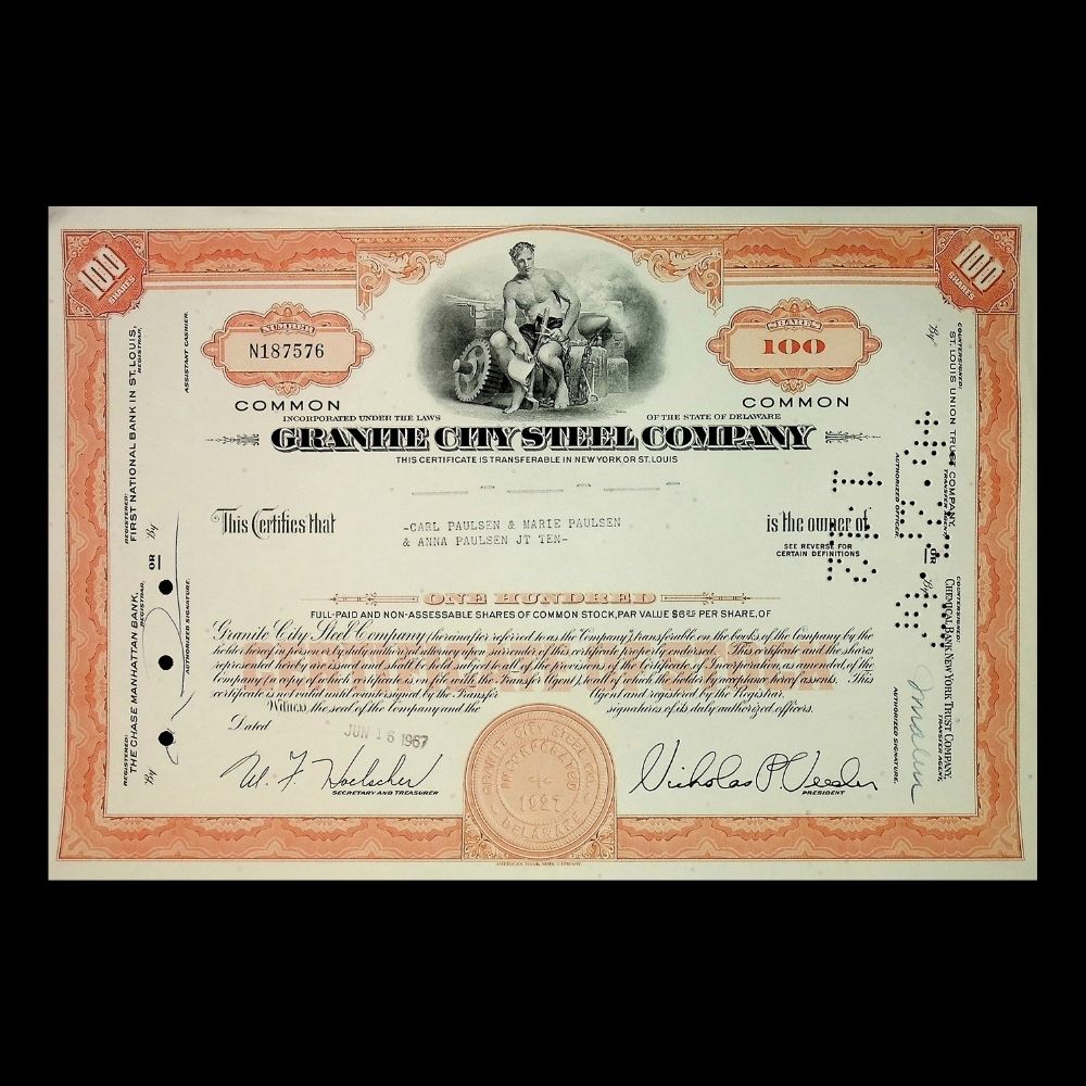 Granite City Steel (now US Steel) Company Stock Certificate from 1960s