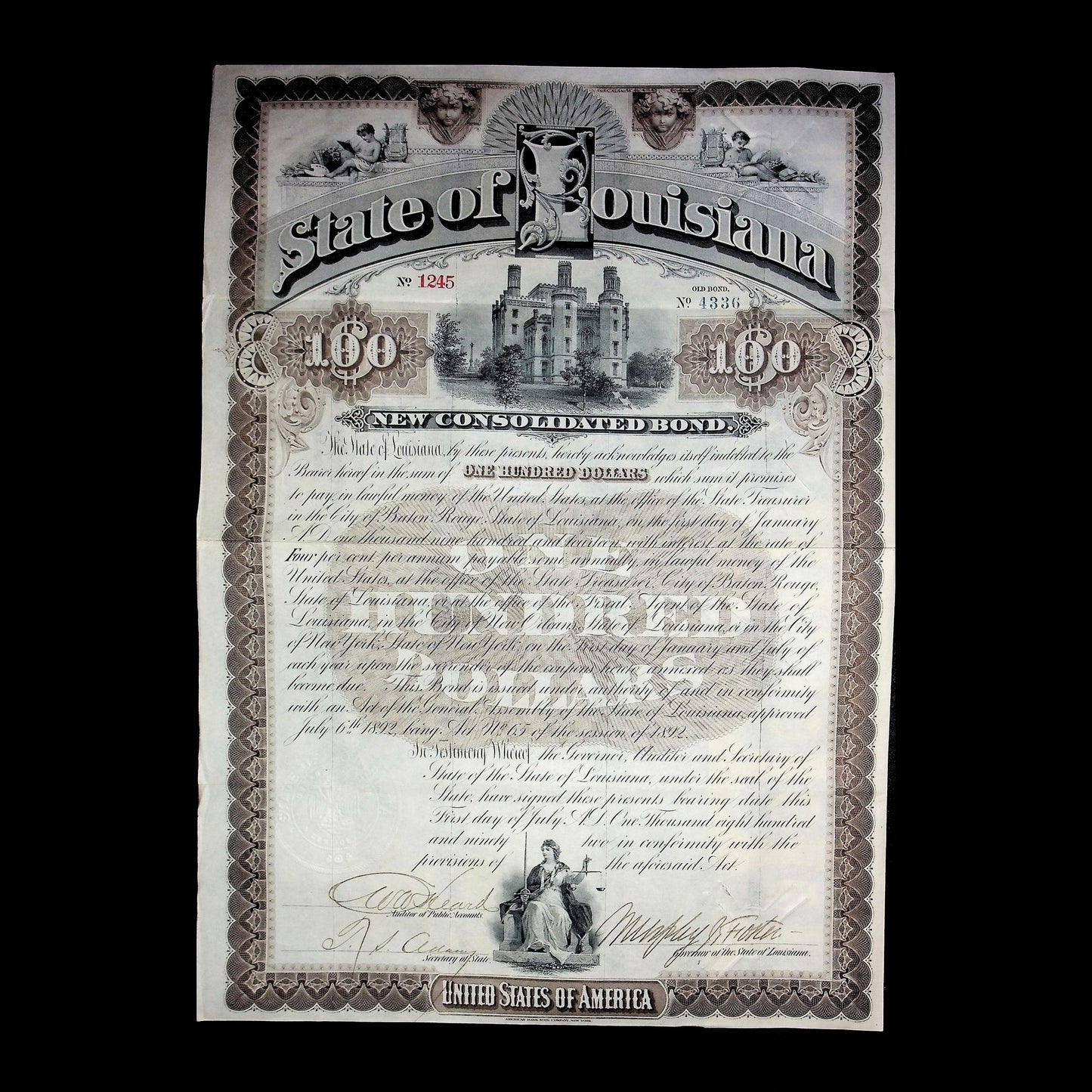 State of Louisiana Bond Certificate from 1892 Signed By Mayor Murphy J. Foster