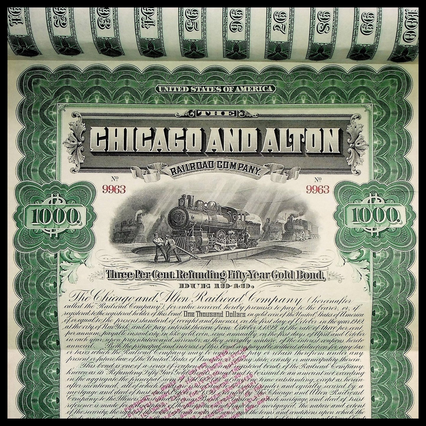 The Chicago and Alton Railroad Company Gold Bond from 1899 for $1,000
