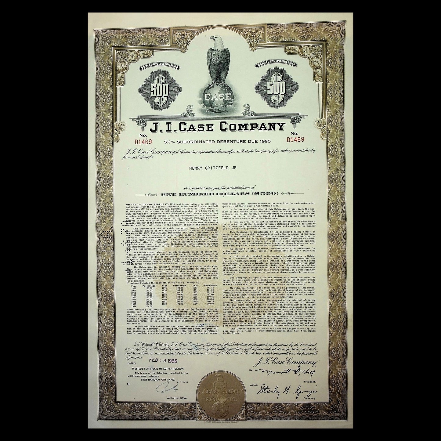 1960 年代/70 年代 JI Case 公司(拖拉机)债券证书