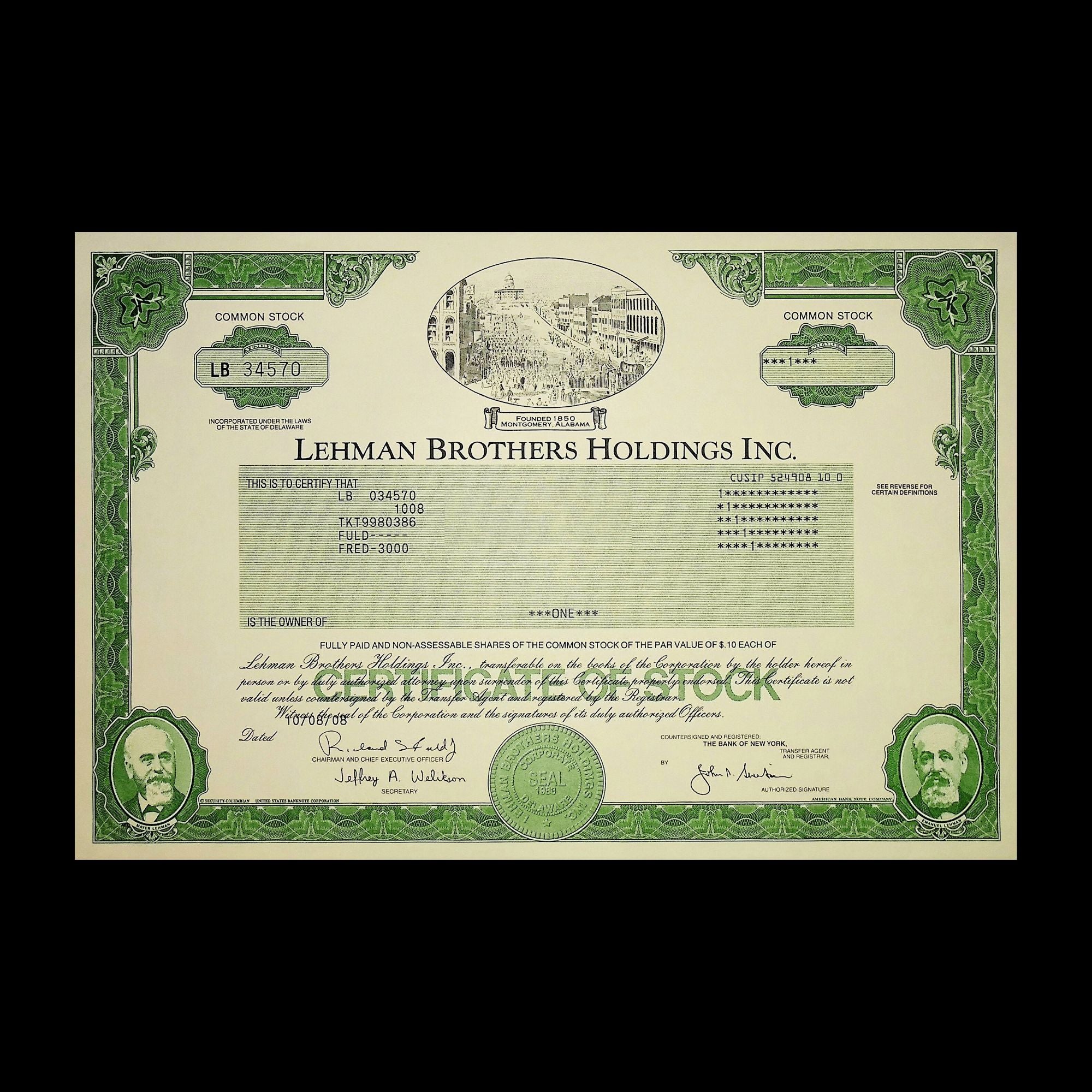 Lehman Brothers Stock Certificate Replica Blank Postcard Ticker History