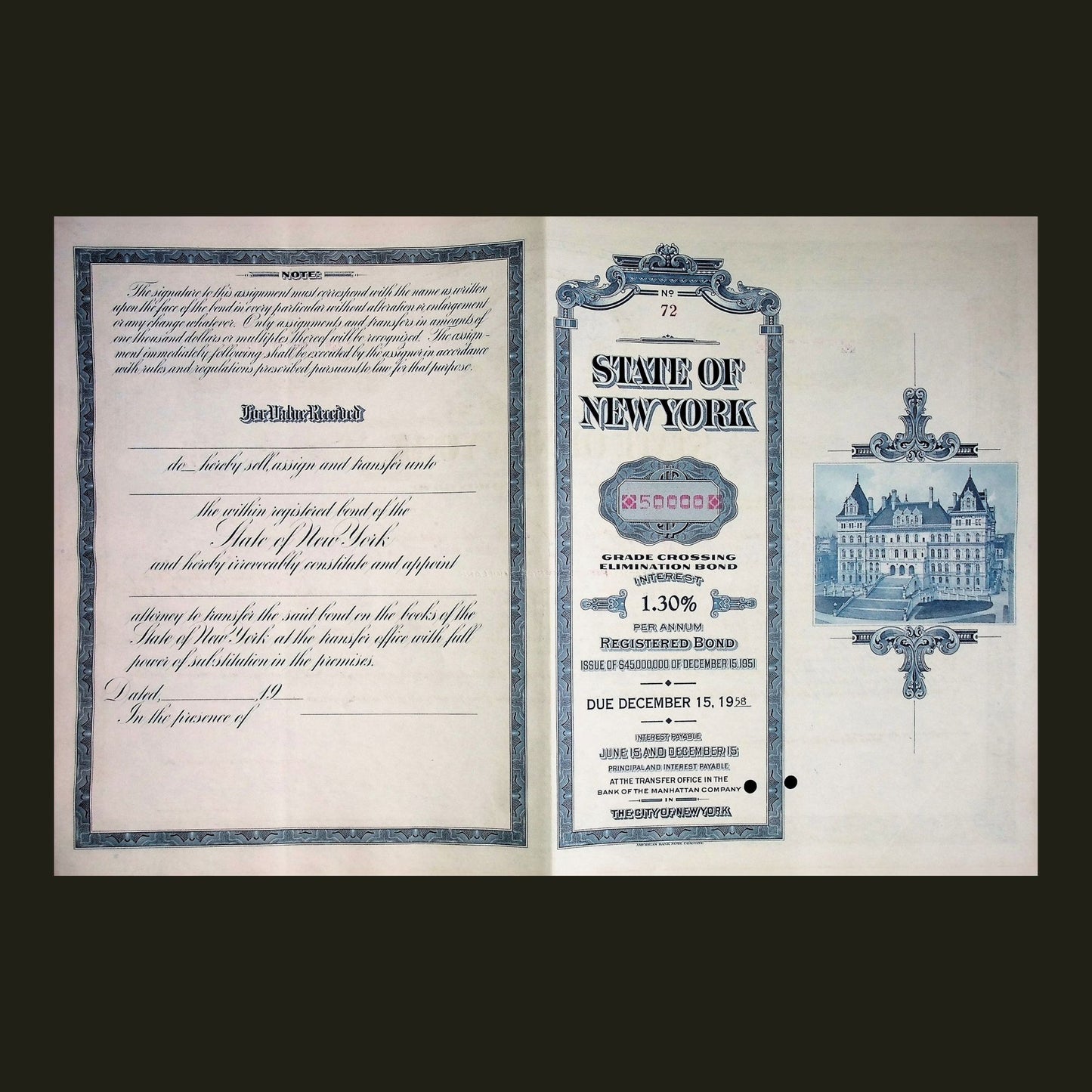 State of New York Grade Crossing Elimination Bond Certificate from 1950s