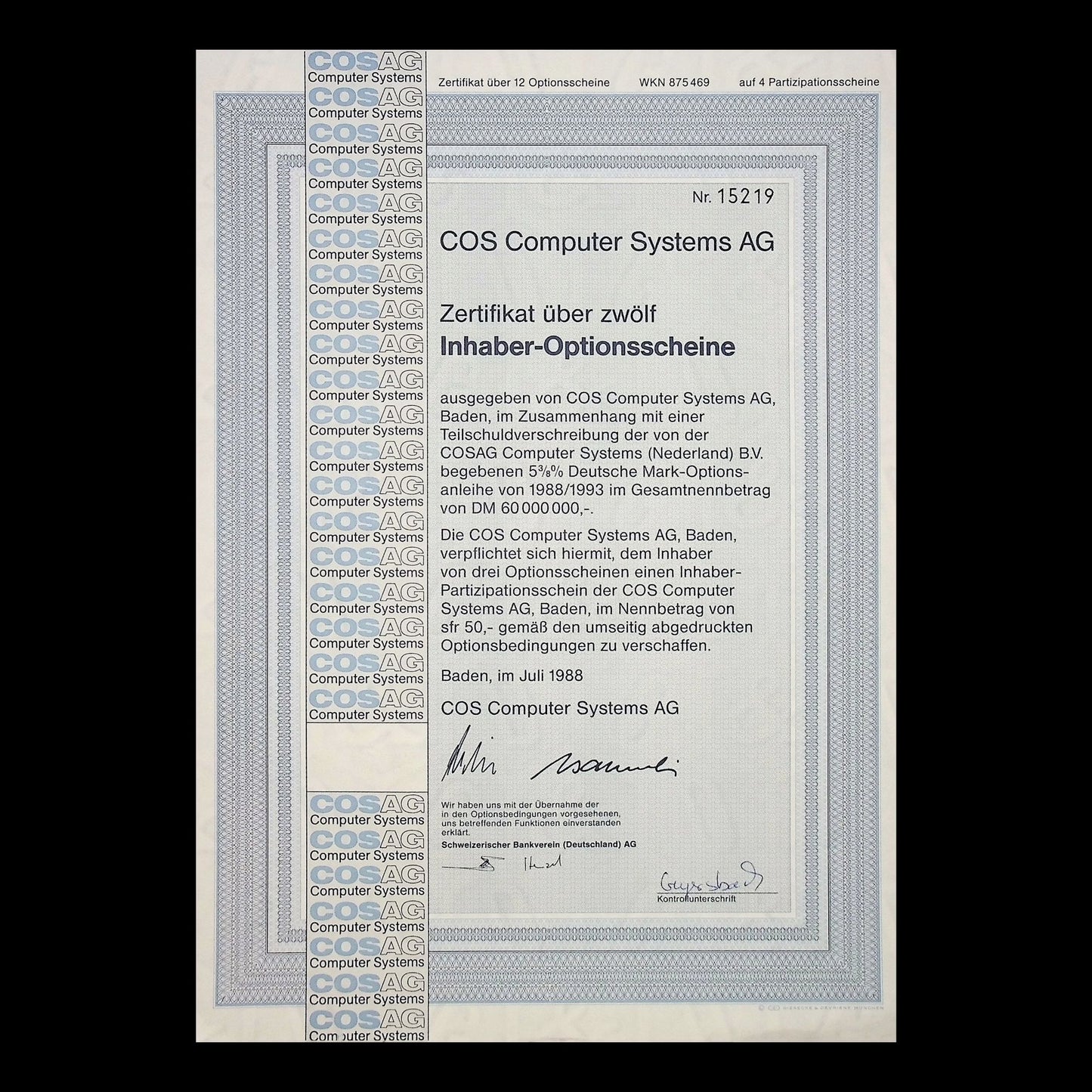 COS Computer Systems AG(瑞士公司)1988 年德国认股权证证书