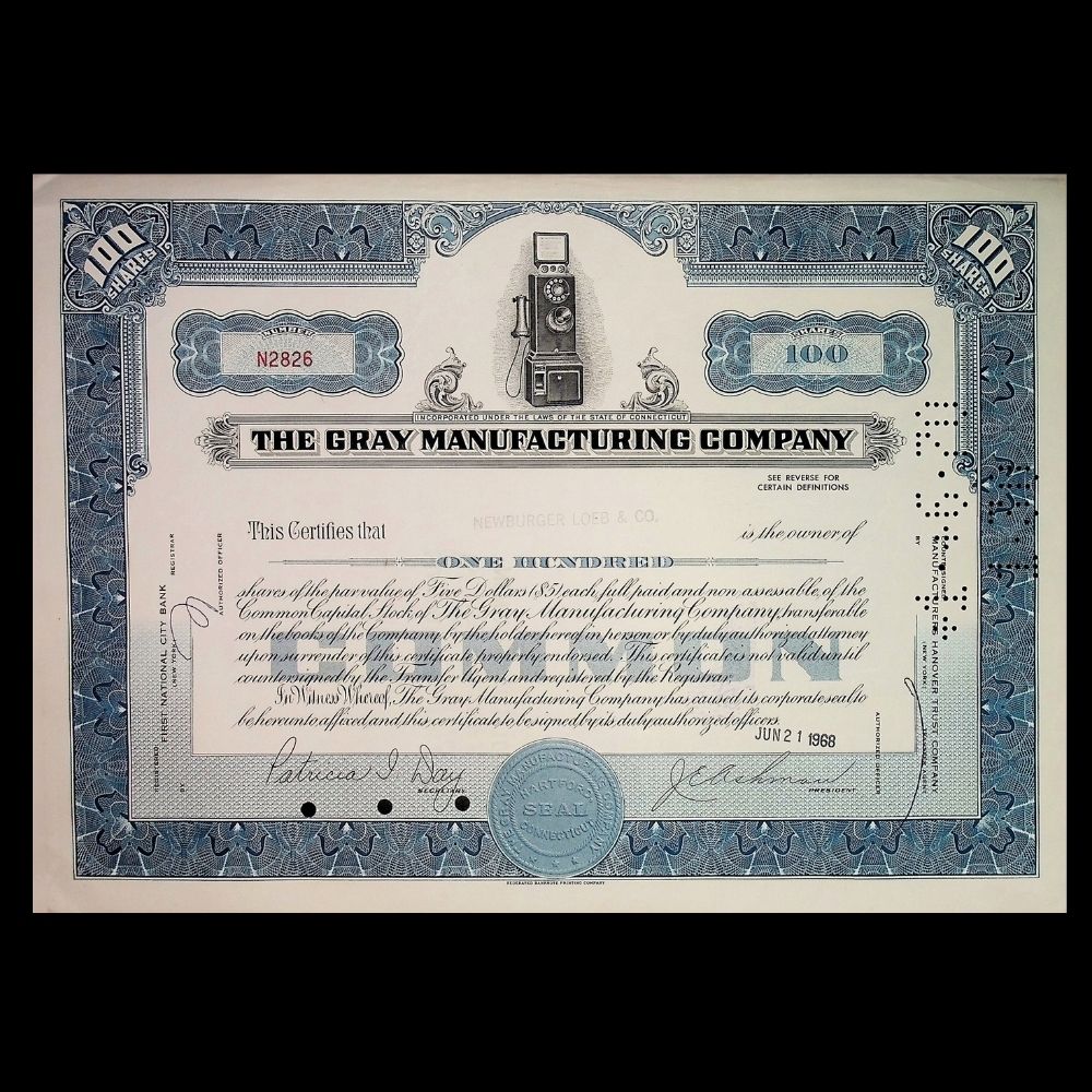 Gray Manufacturing Stock Certificate from 1950s / 1960s