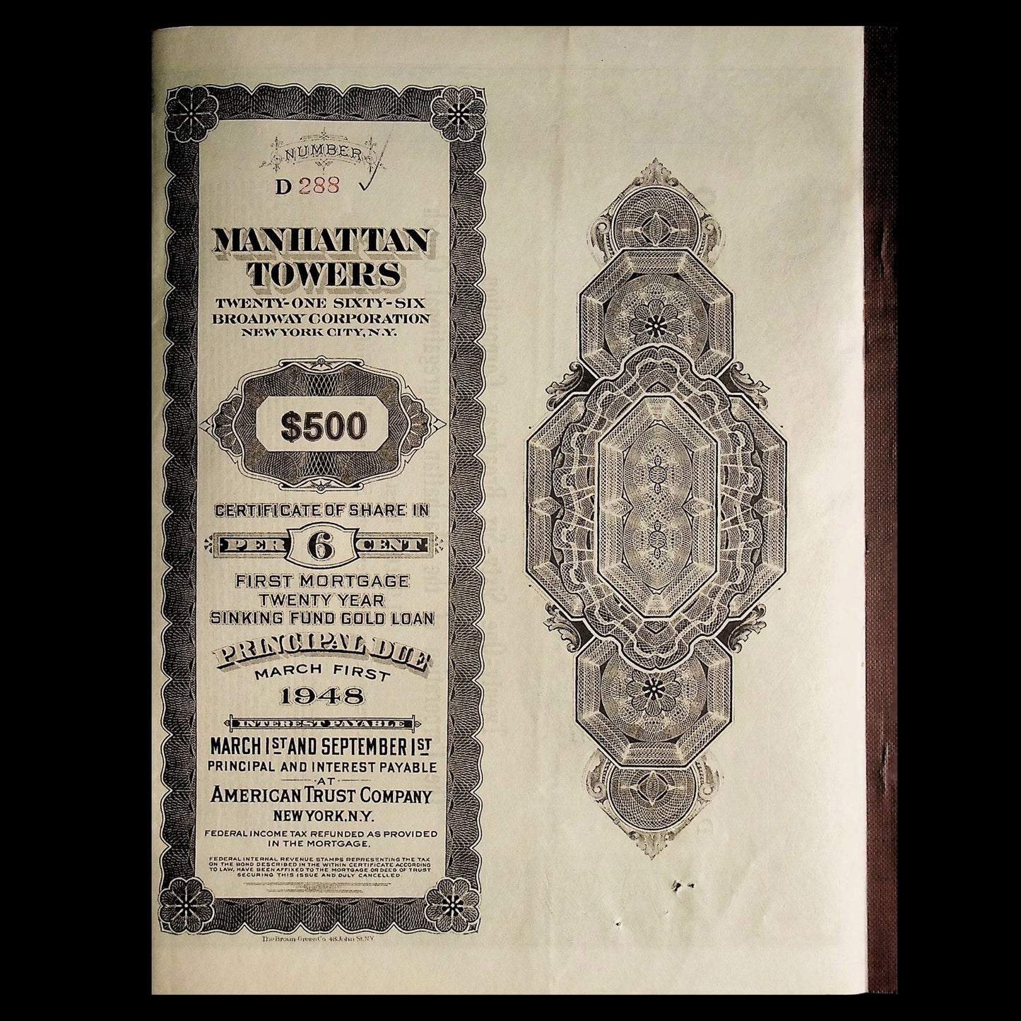 Twenty-One Sixty-Six Broadway Corporation Bond Certificate Manhattan Church with coupons from 1928