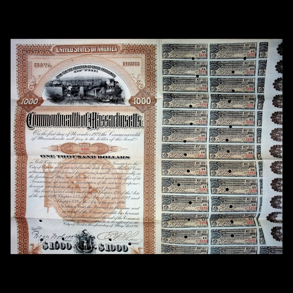 Commonwealth of Massachusetts Bond Certificate from 1896 with Coupons