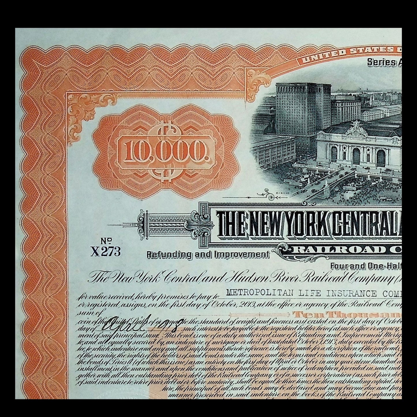 New York Central and Hudson River Railroad Company (with Grand Central) Bond Certificate from 1913