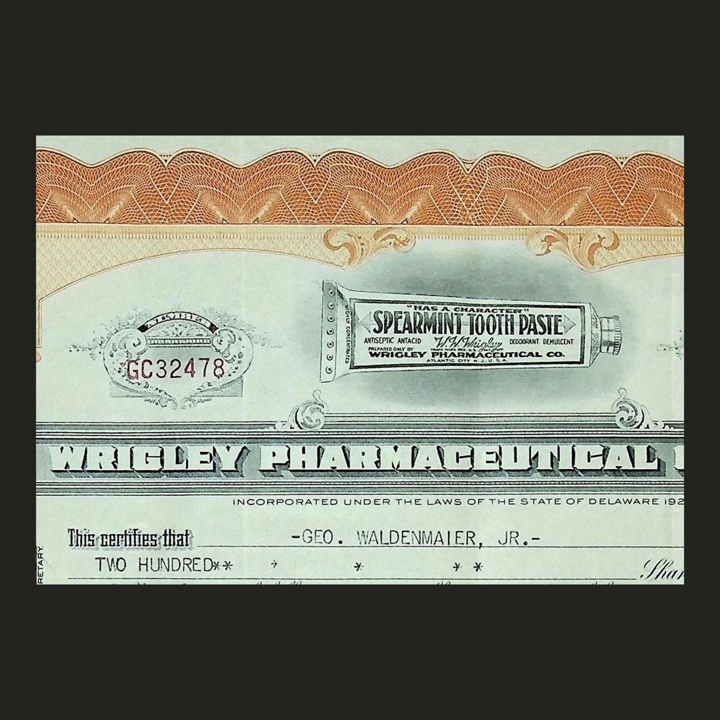 1928 年箭牌制药公司股票证书(由 WW Wrigley 签署)