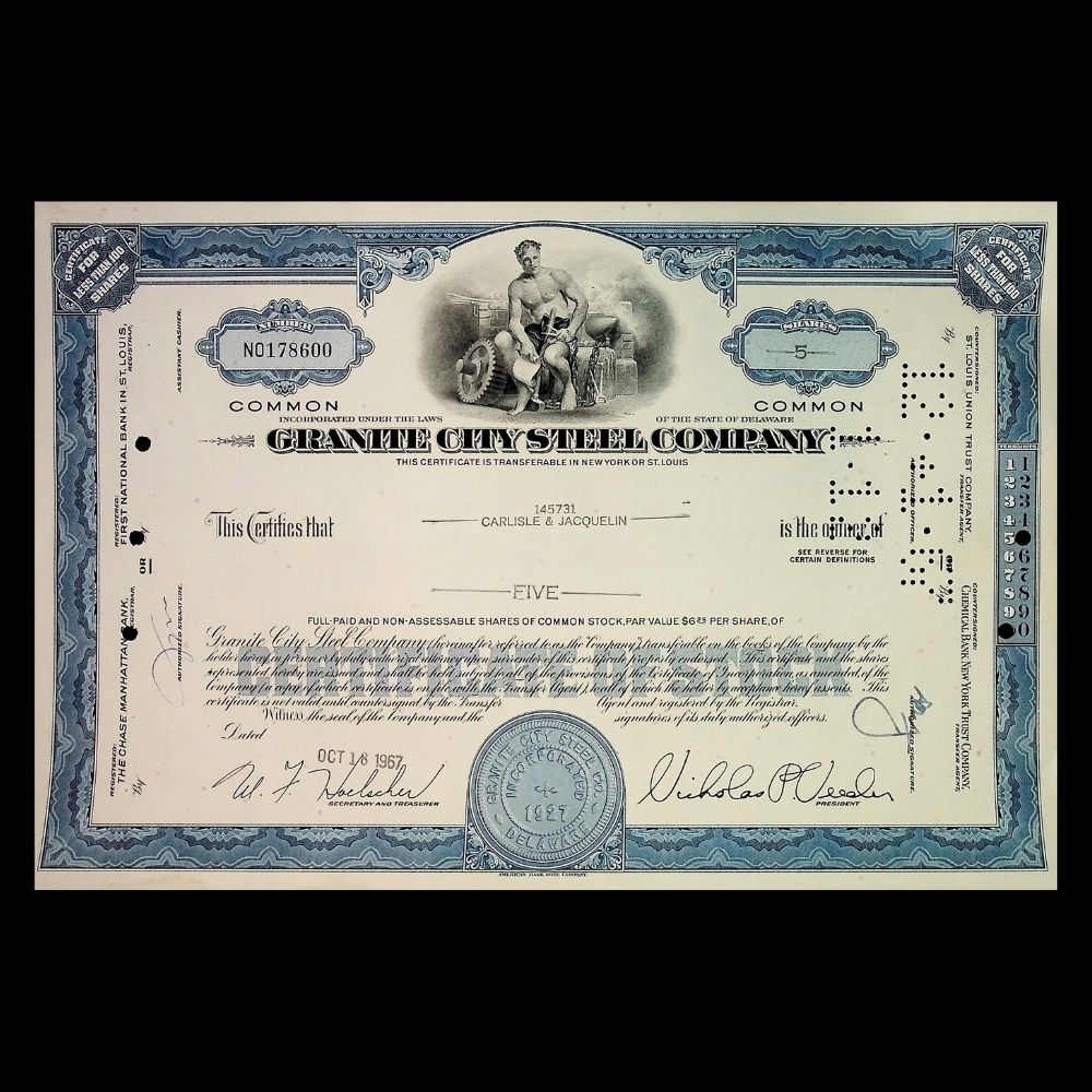 Granite City Steel (now US Steel) Company Stock Certificate from 1960s