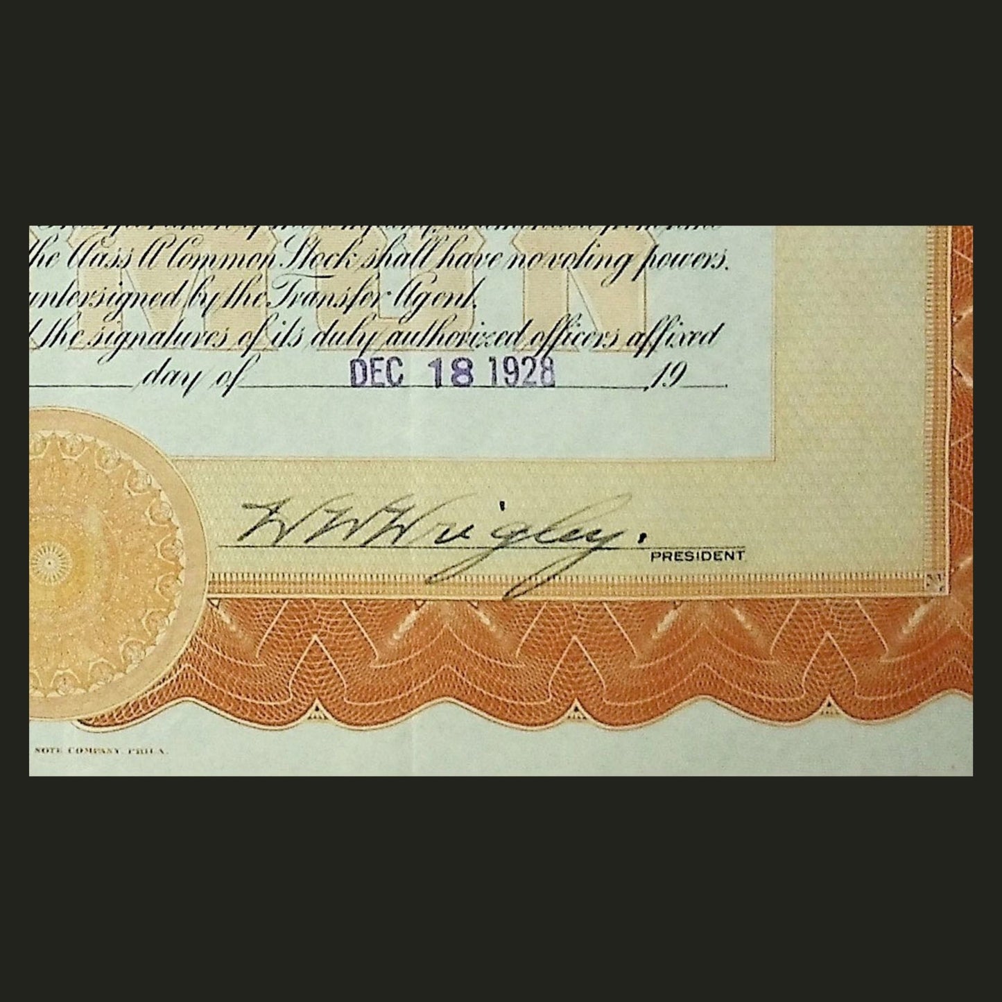 1928 年箭牌制药公司股票证书(由 WW Wrigley 签署)