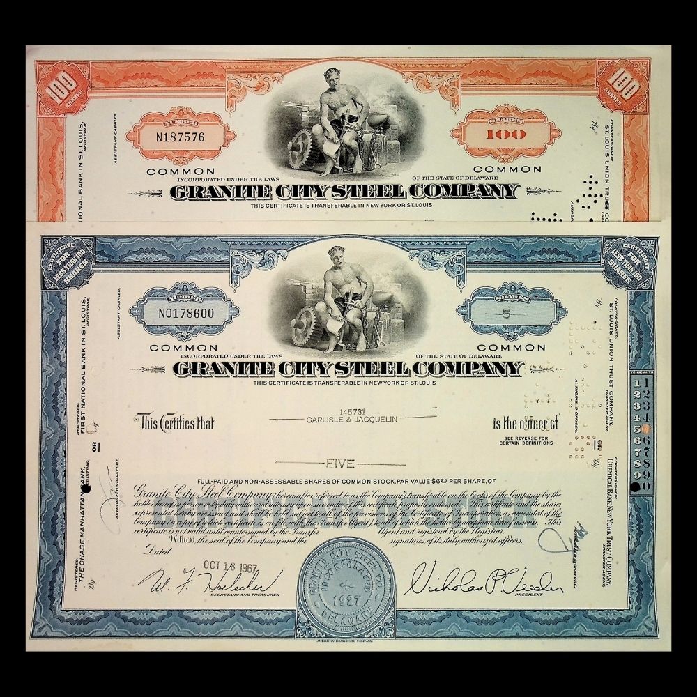 Granite City Steel (now US Steel) Company Stock Certificate from 1960s