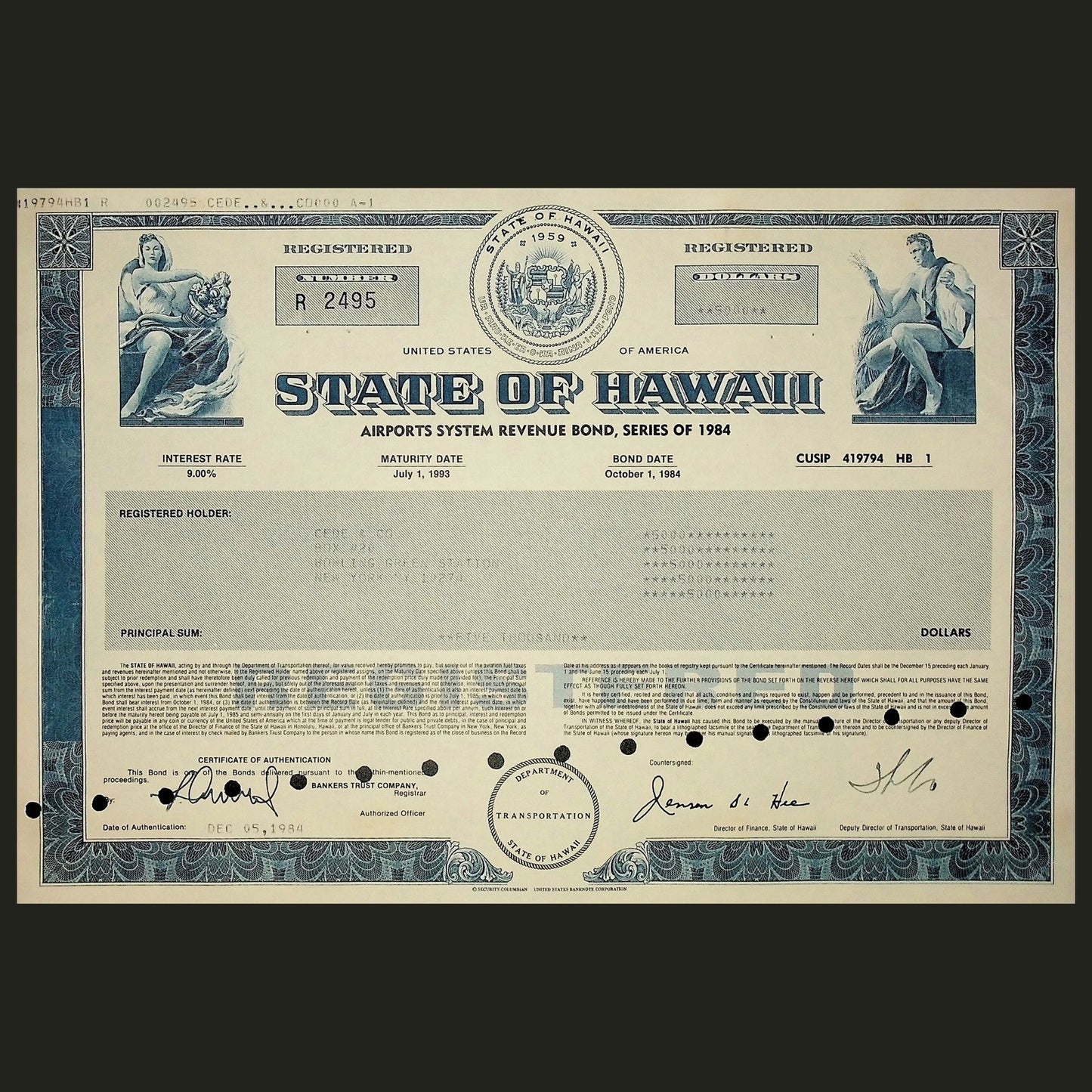 1984 年夏威夷州债券证书(机场系统收入)