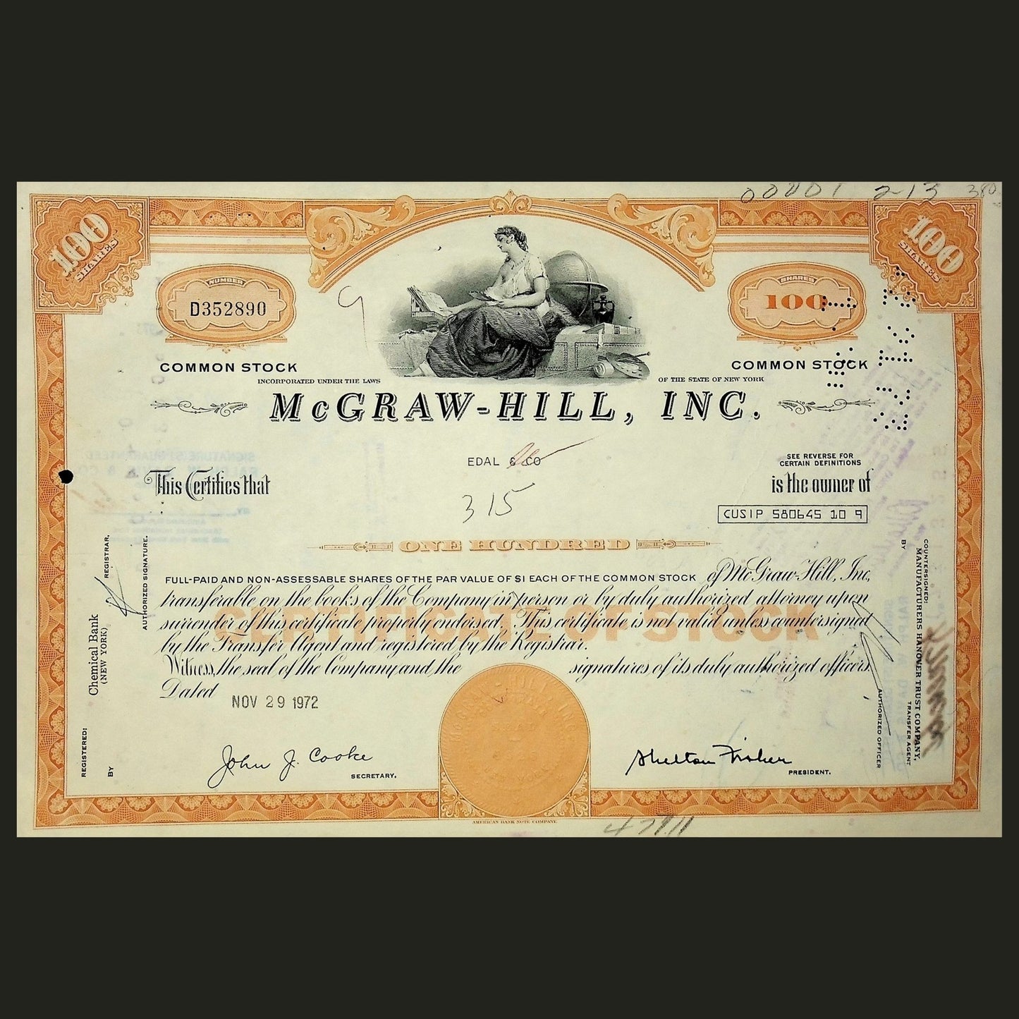 20 世纪 70 年代的麦格劳-希尔公司股票证书(原标准普尔全球公司)