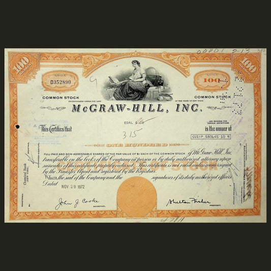 McGraw-Hill, Inc Stock Certificate from 1970s (former S&P Global)