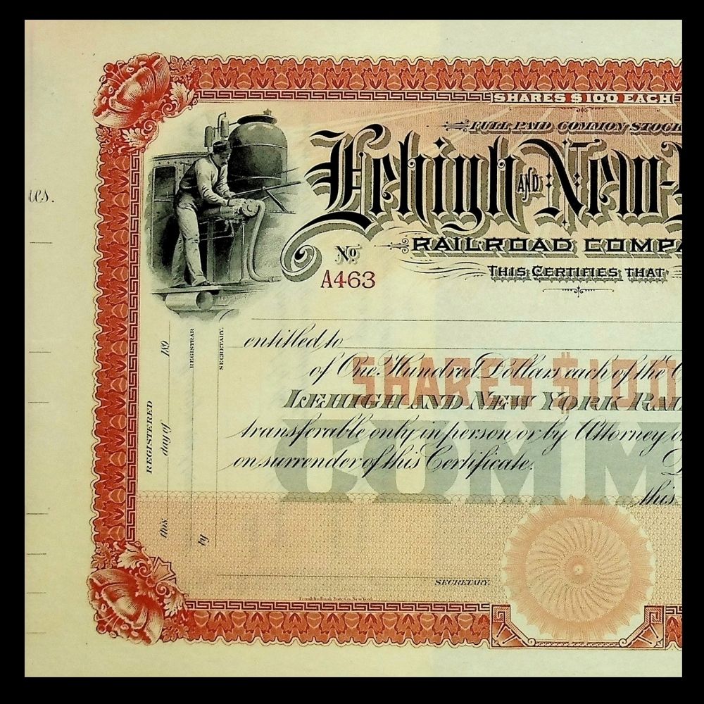 Lehigh and New York Railroad Company Unissued Stock Certificate 1890s
