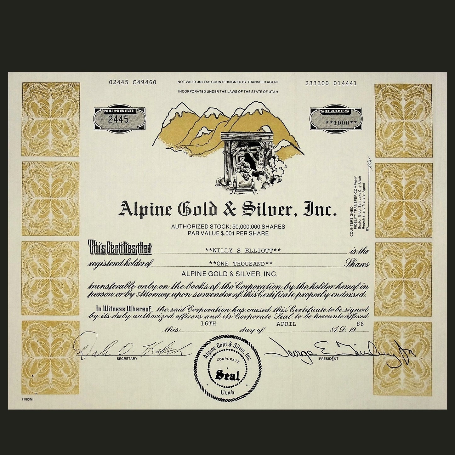 1986 年 Alpine Gold & Silver Inc 股票证书