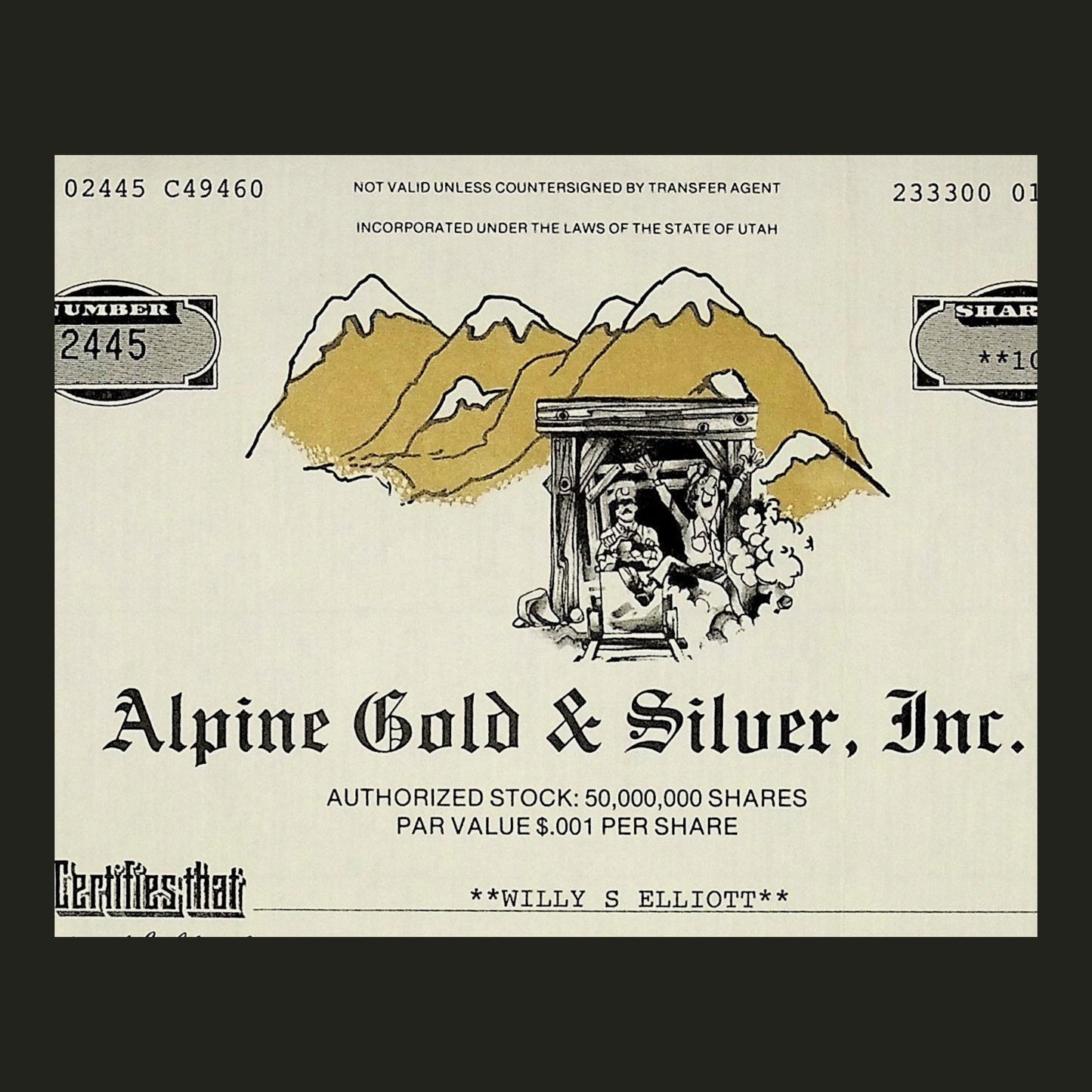1986 年 Alpine Gold & Silver Inc 股票证书