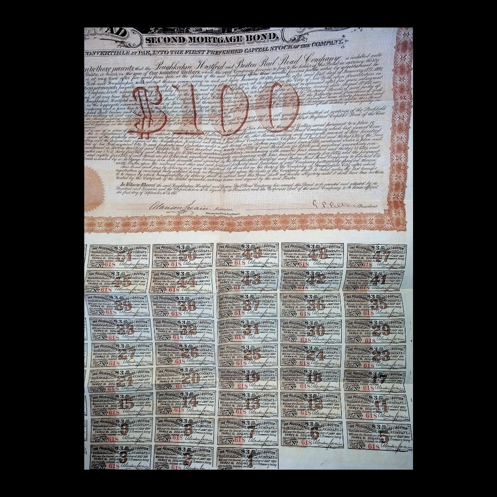Poughkeepsie, Hartford & Boston Railroad Bond from 1875 (Uncanceled)