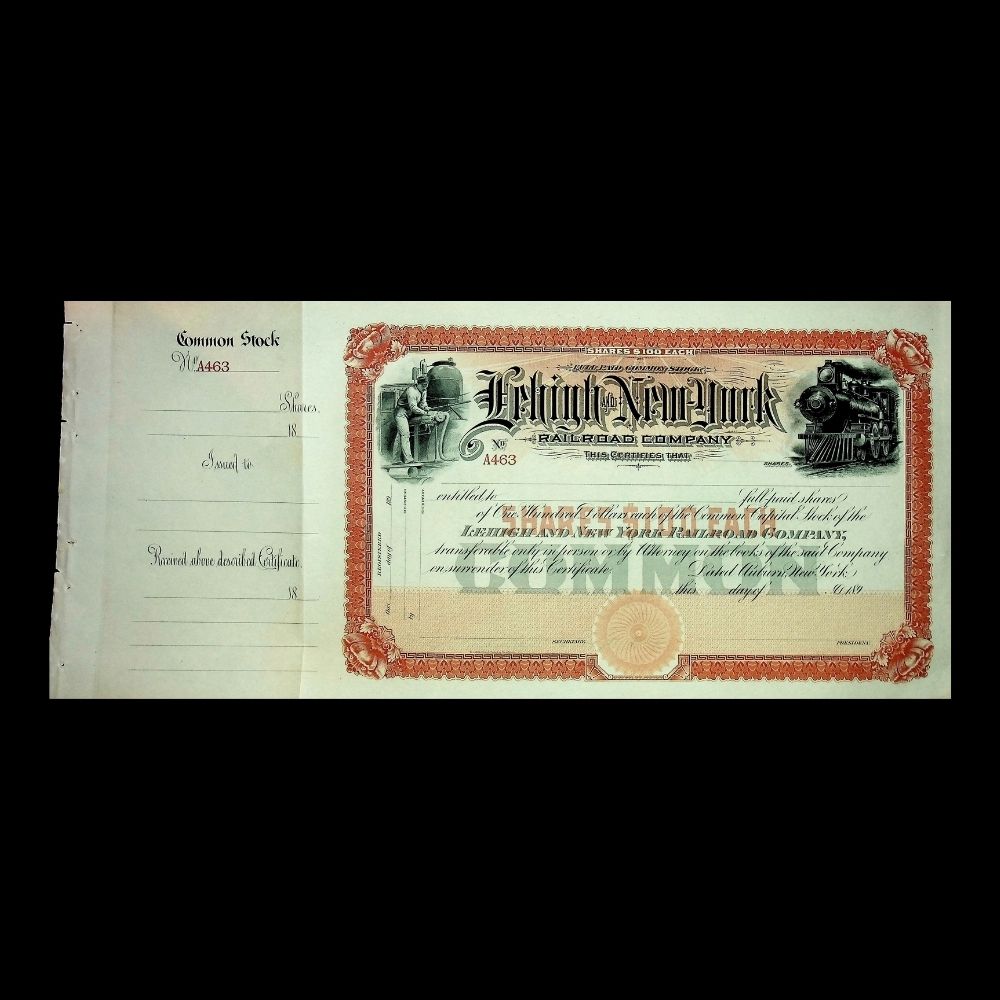 Lehigh and New York Railroad Company Unissued Stock Certificate 1890s