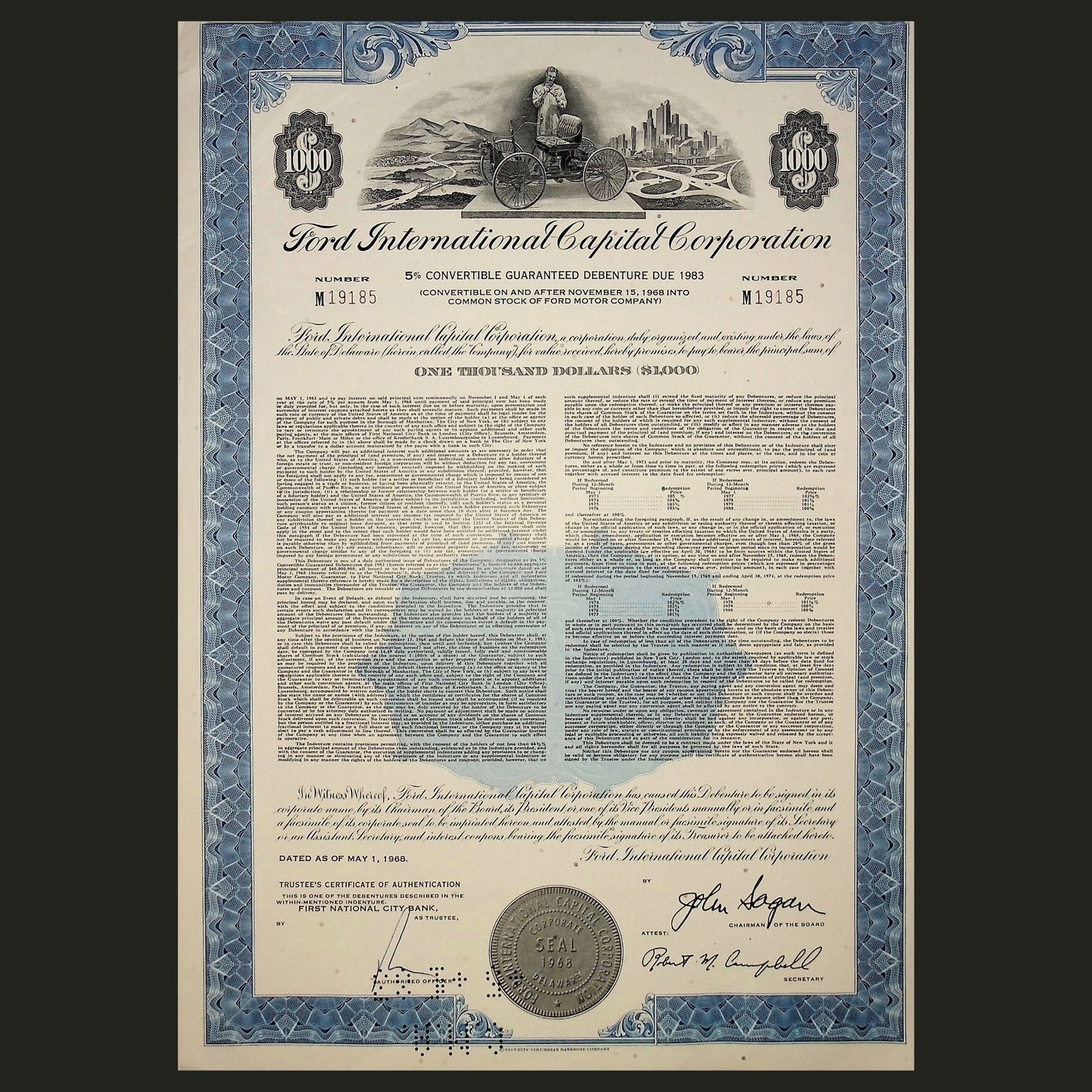1968 年福特国际资本公司债券证书(带亨利·福特)