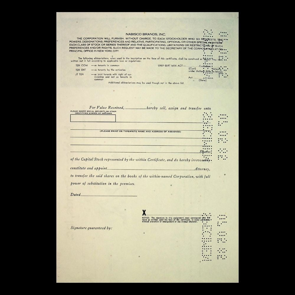 Nabisco Inc, Unissued Stock Certificate from 1980s