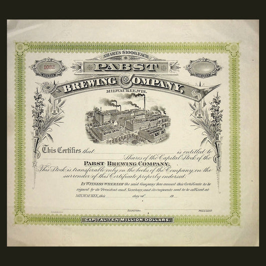 Pabst Blue Ribbon Stock Certificate early 1900s Unissued and uncanceled