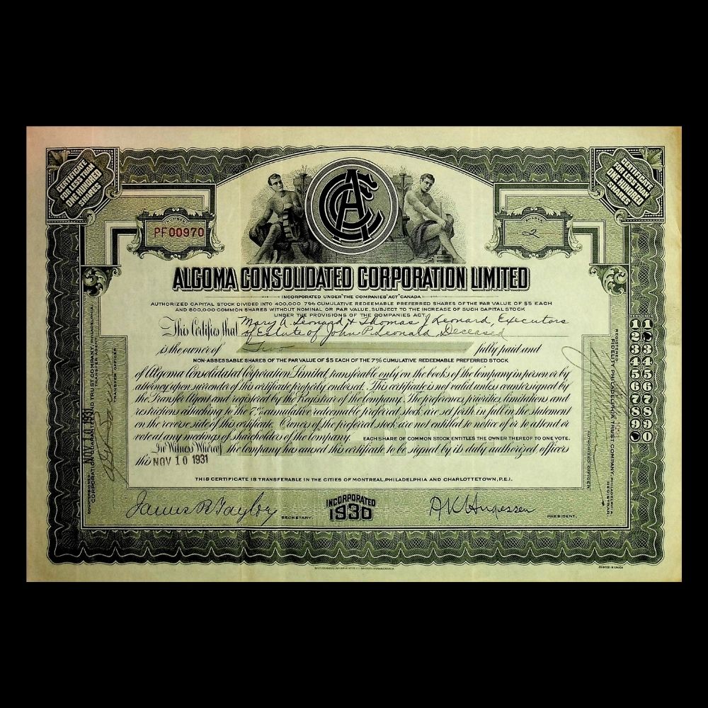 Algoma Consolidated Corporation Limited stock certificate from 1936 with decorative border and logo.