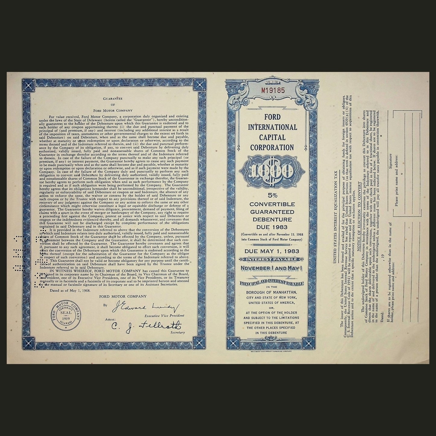 1968 年福特国际资本公司债券证书(带亨利·福特)
