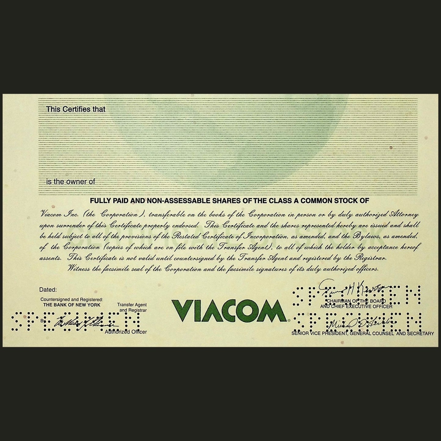 维亚康姆公司股票证书样本,1986 年,尼克国际儿童频道、派拉蒙、MTV、Showtime 和西蒙与舒斯特徽标