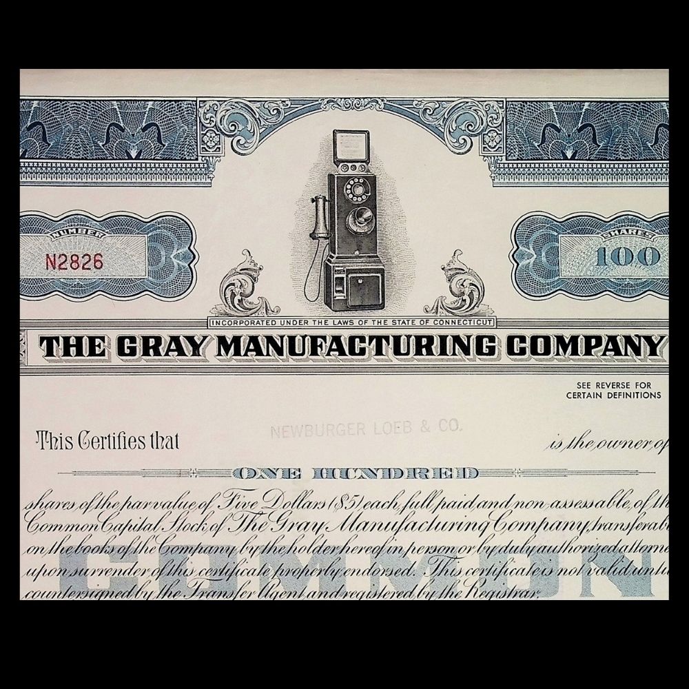 Gray Manufacturing Stock Certificate from 1950s / 1960s
