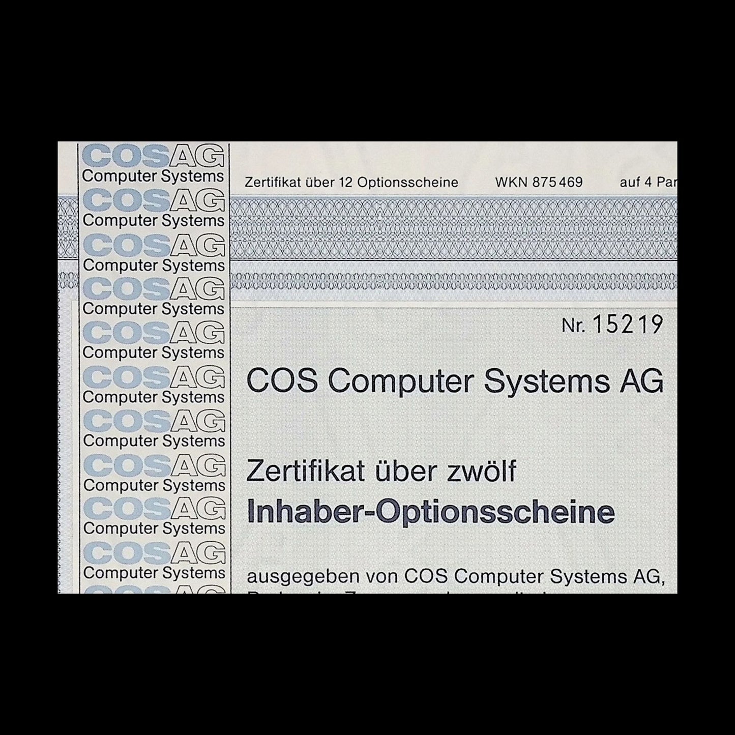 COS Computer Systems AG(瑞士公司)1988 年德国认股权证证书
