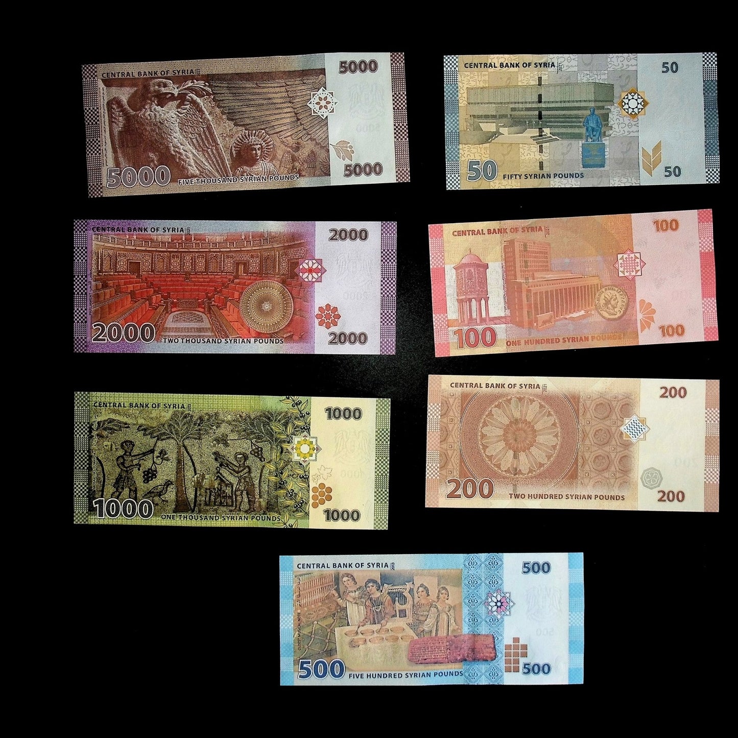 7 Banknote Set from Syria early 2000s - 2020s featuring Bashar al-Assad