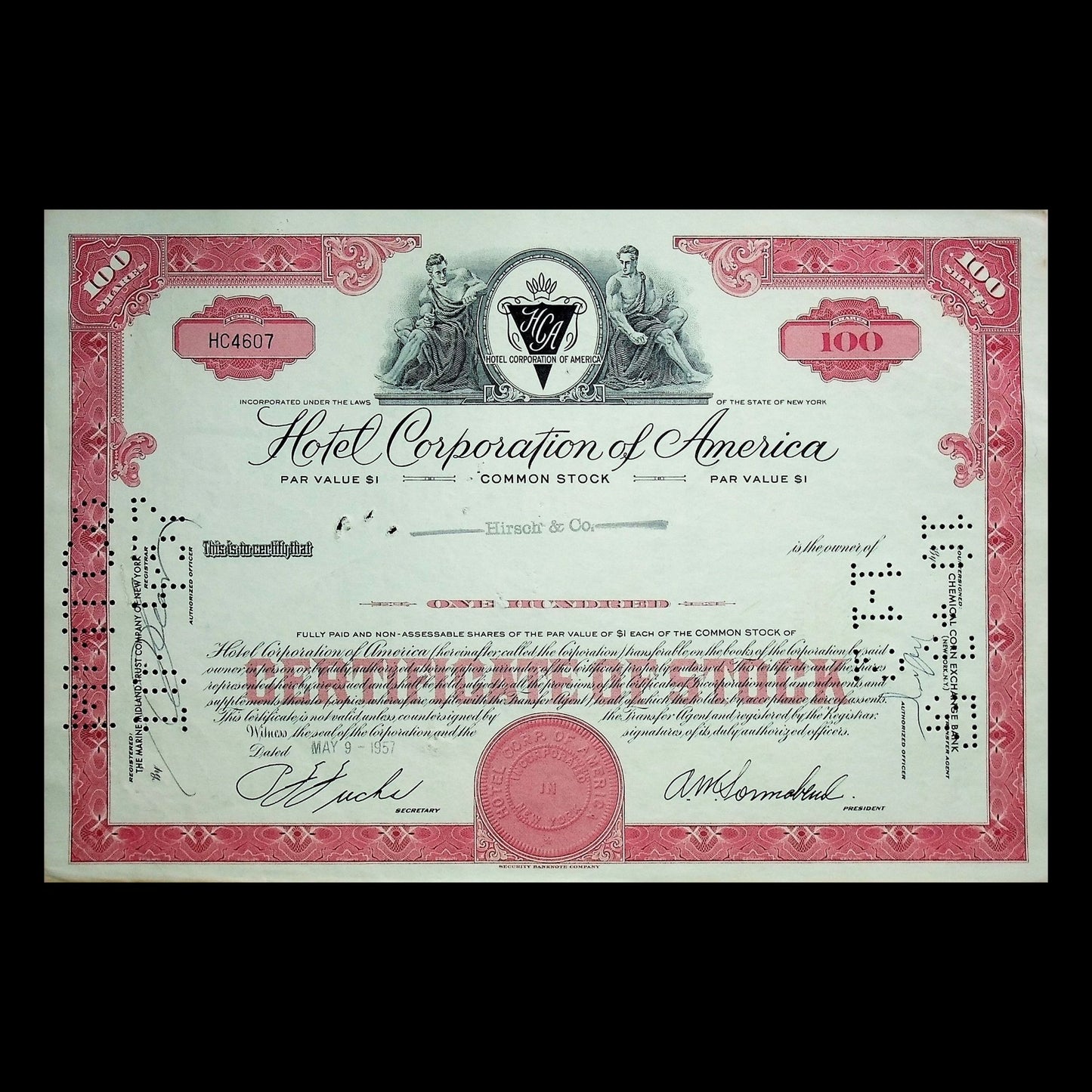 Hotel Corporation of America (now Sonesta Hotels, A.M. Sonnabend) Stock Certificate from 1950s