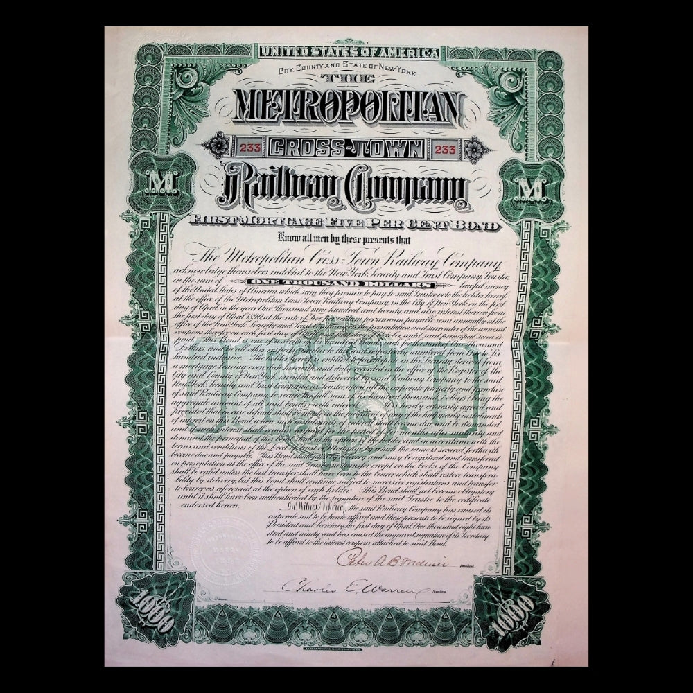Metropolitan Crosstown Railway New York City Uncanceled Bond Certificate 1900s (with Coupons)