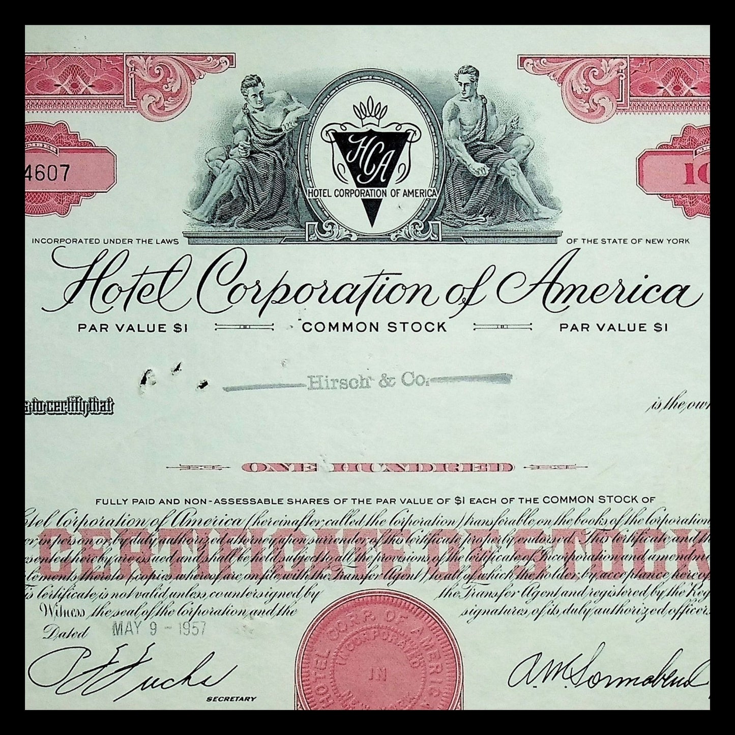 Hotel Corporation of America (now Sonesta Hotels, A.M. Sonnabend) Stock Certificate from 1950s