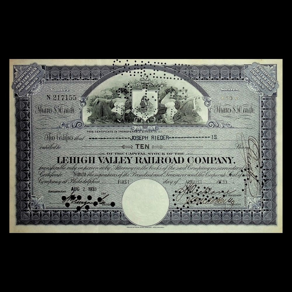 Lehigh Valley Railroad Company Purple Stock Certificate 1930s
