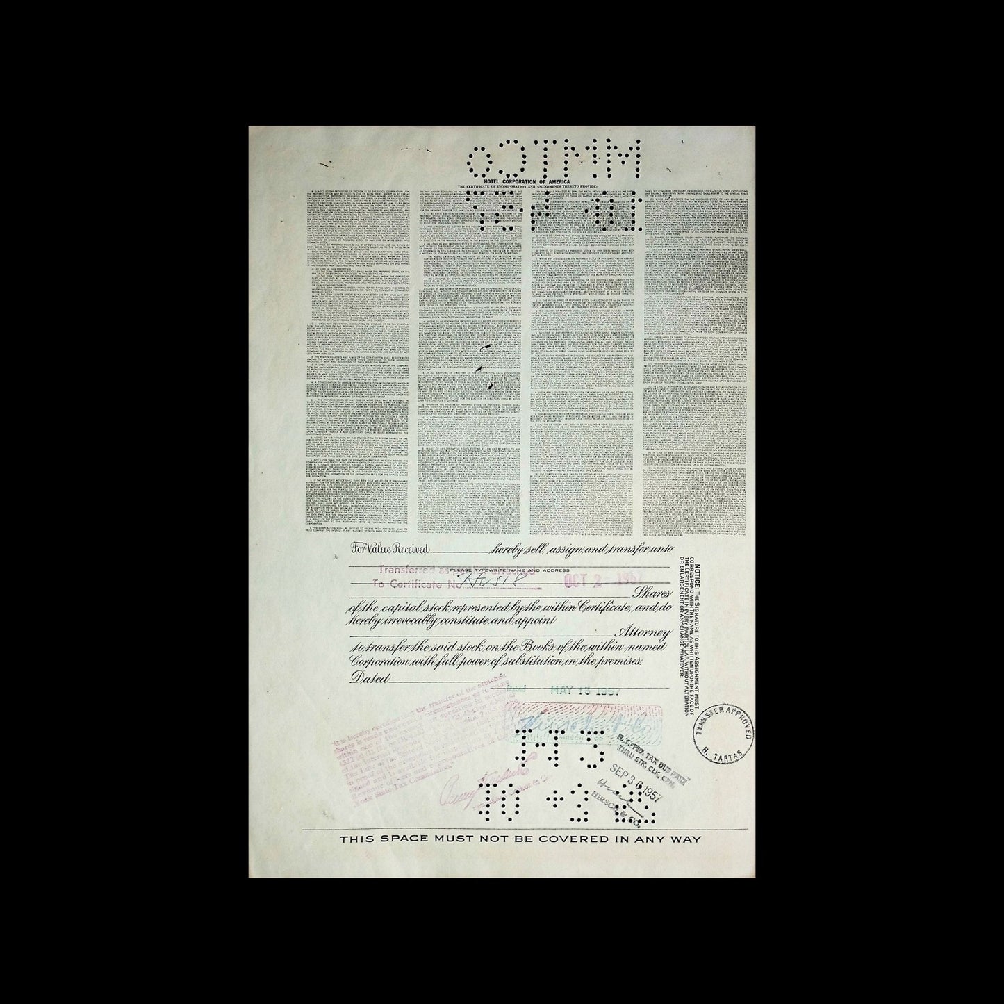 Hotel Corporation of America (now Sonesta Hotels, A.M. Sonnabend) Stock Certificate from 1950s