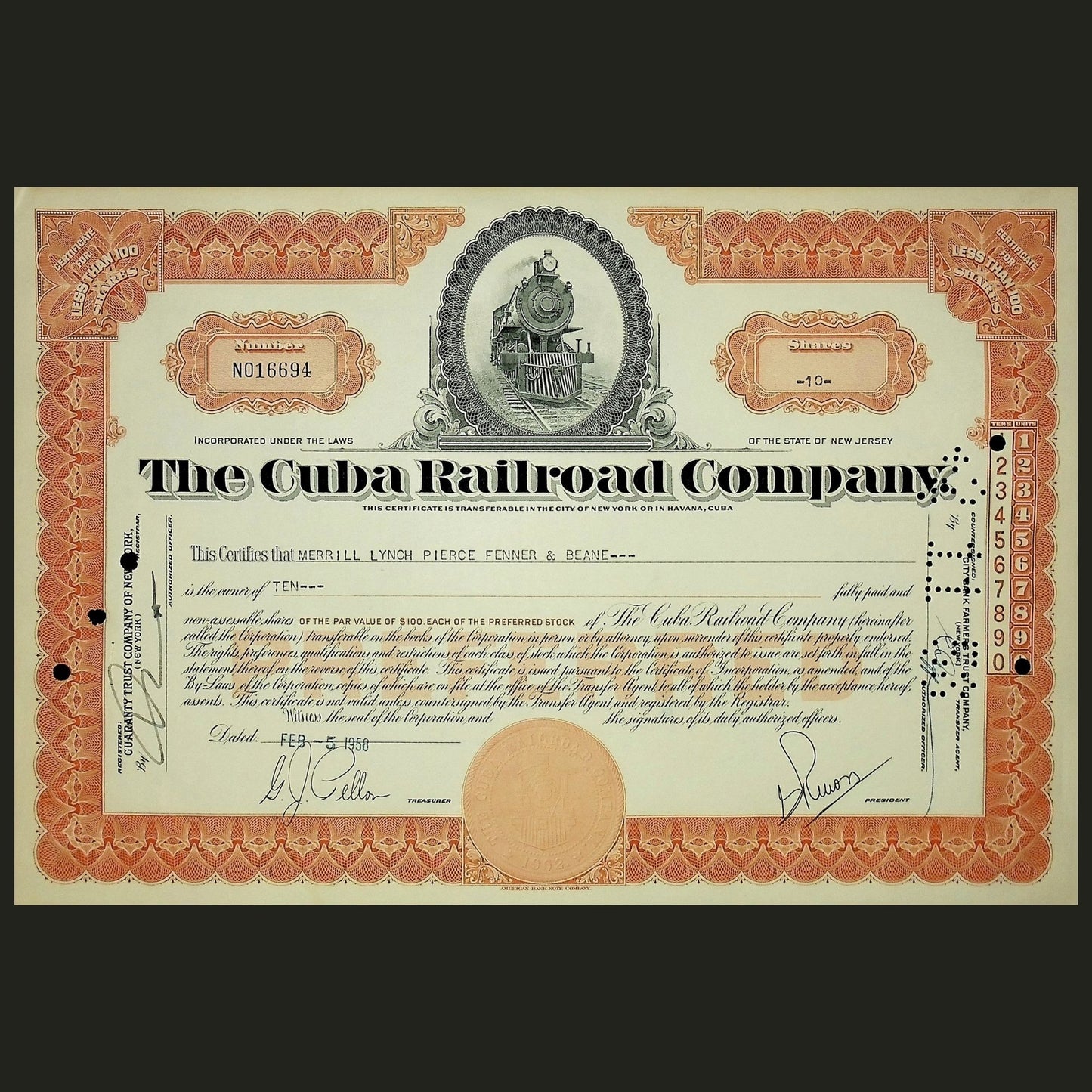 古巴铁路公司(菲德尔·卡斯特罗授权)1958 年股票证书