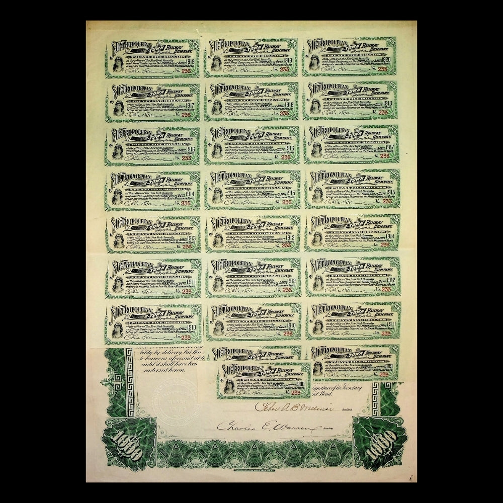 Metropolitan Crosstown Railway New York City Uncanceled Bond Certificate 1900s (with Coupons)