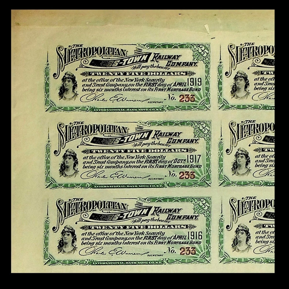 Metropolitan Crosstown Railway New York City Uncanceled Bond Certificate 1900s (with Coupons)